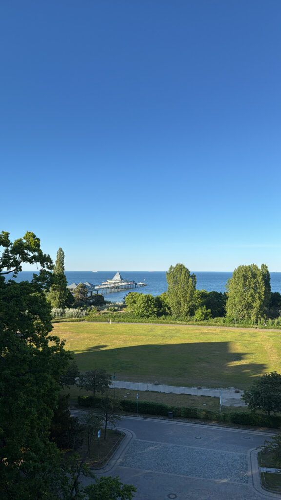 Sonnige Aussicht aus erhöhter Position über eine grüne Wiese und Bäume hinweg auf die Ostsee mit einer markanten weißen Seebrücke.