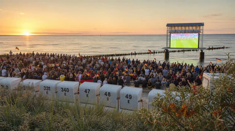 Eine dichte Zuschauermenge sitzt am feinen Sandstrand in weißen Strandkörben und auf Holzbänken und blickt auf eine im Ostseewasser verankerte LED-Leinwand, die ein Fußballspiel zeigt. Im Vordergrund sind grasbewachsene Dünen mit reifen Sanddornzweigen zu sehen. Ein malerischer Sonnenuntergang am Horizont wirft warmes, goldenes Licht auf die ruhige Meeresoberfläche.