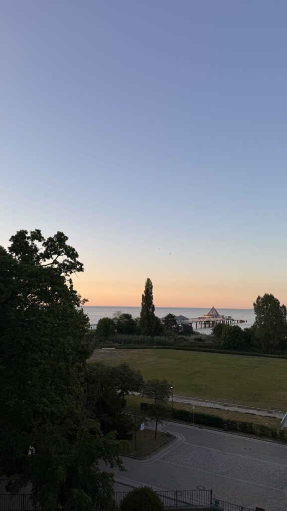 Weite Aussicht aus erhöhter Position über einen grünen Park auf die Ostsee und eine beleuchtete Seebrücke während des Sonnenuntergangs.
