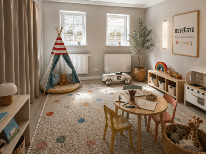Großer Spielraum mit bunt gepunktetem Teppich, rundem Kindertisch, farbigen Holzstühlen, einem Tipi-Zelt, einer Spielküche aus Holz und Weidenkörben voller Spielzeug.