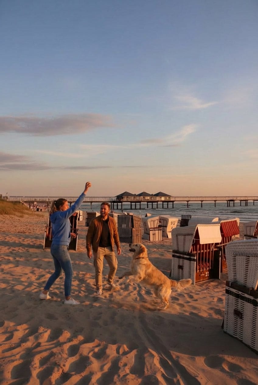 Ein Paar spielt bei Sonnenuntergang mit einem Golden Retriever am weiten Sandstrand zwischen Strandkörben, im Hintergrund die Seebrücke Heringsdorf.