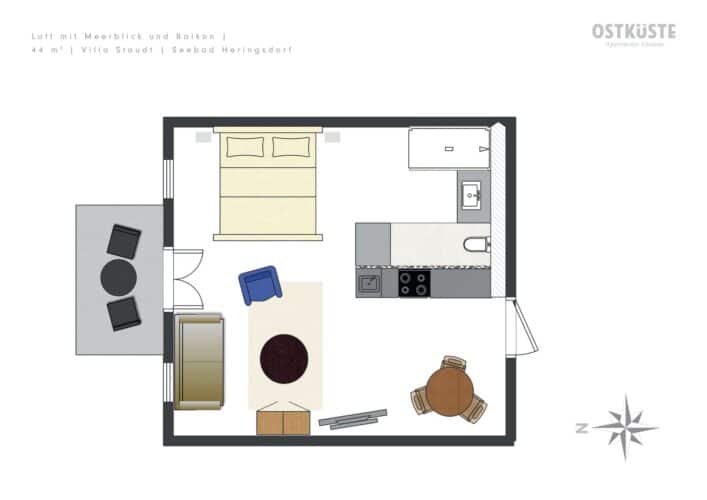 Stilvoll entspannen in Apartment 07: 44 m² Design-Loft in der Villa Staudt mit Balkon und direktem Meerblick. Historischer Charme trifft Moderne.