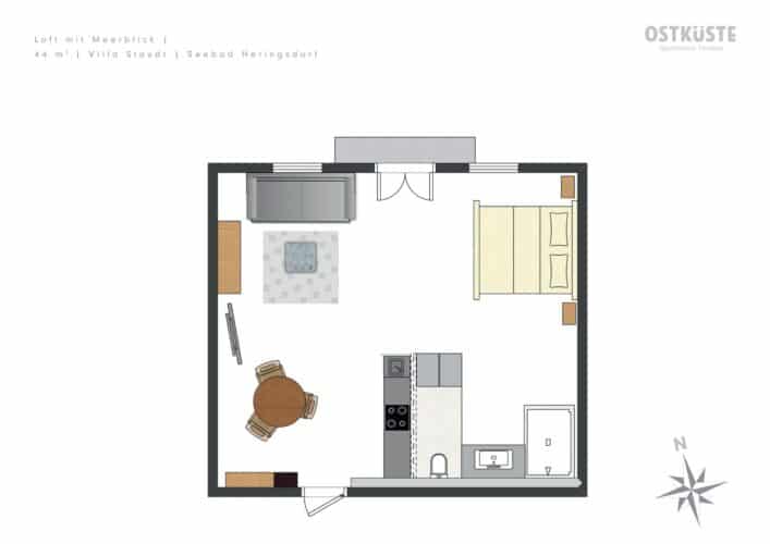 Grundriss von Apartment 11 in der Villa Staudt (44 m²), ein offenes Loft mit integrierter Küchenzeile, Essplatz und freiem Blick Richtung Meer.
